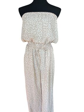 Ann Taylor LOFT Strapless Jumpsuit Beige Animal Print Wide Leg Size M